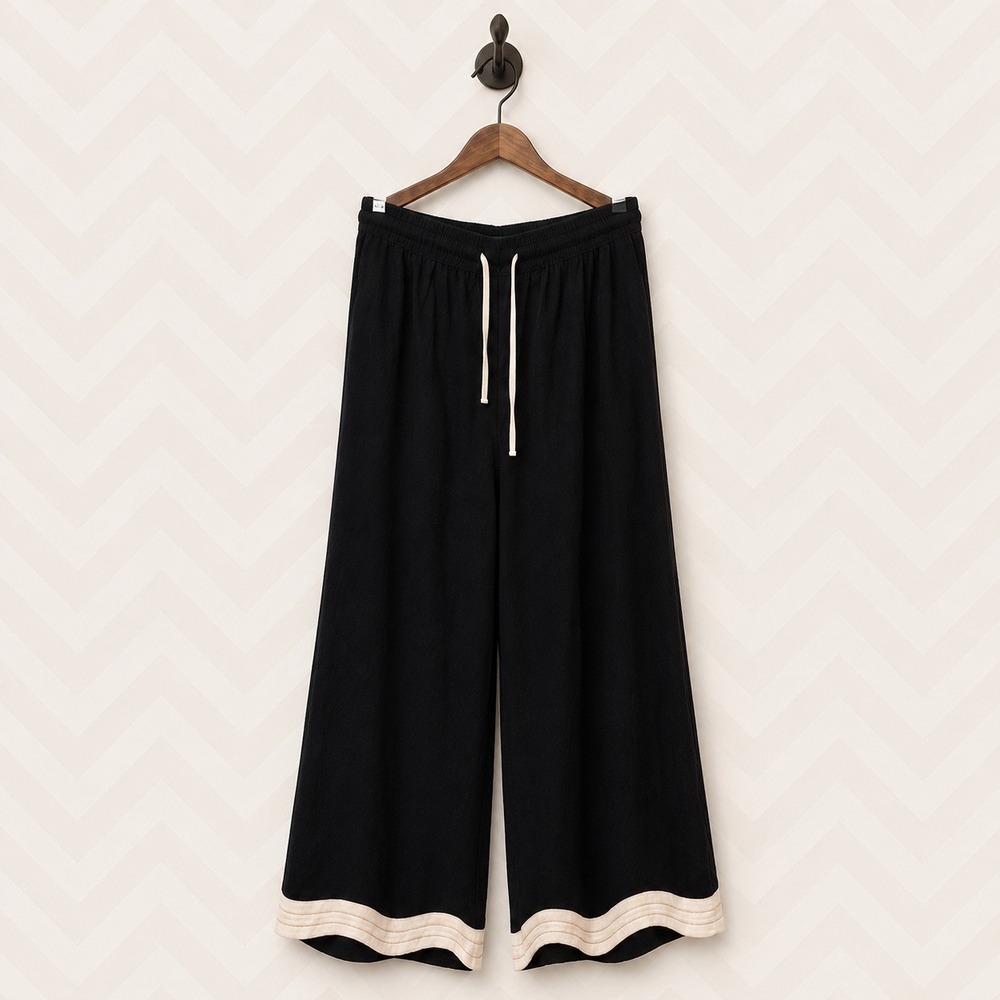 Umgee Linen Blend Wide Leg Pants Wavy Contrast Trim Black 2XL NWT